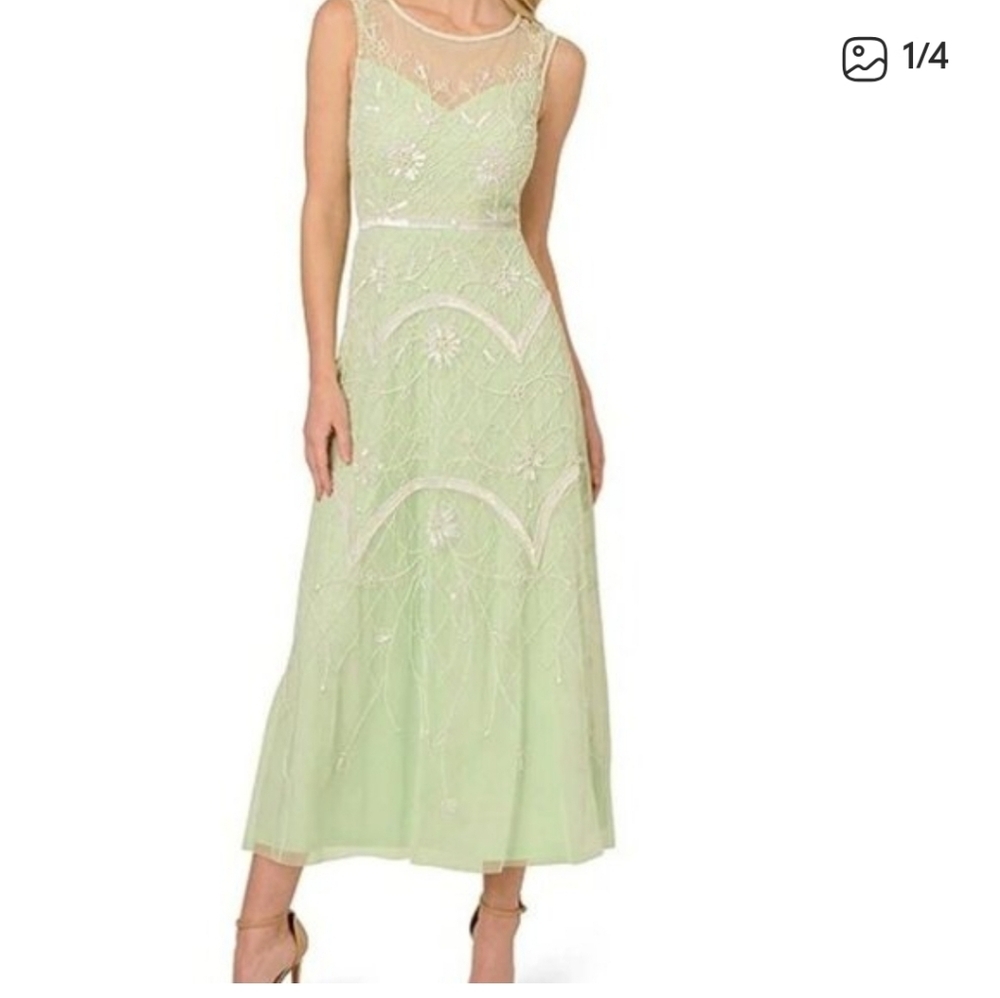 $329 Adrianna Papell All Over Beaded Mesh Dress Sz 6 Special Occassion Wedding